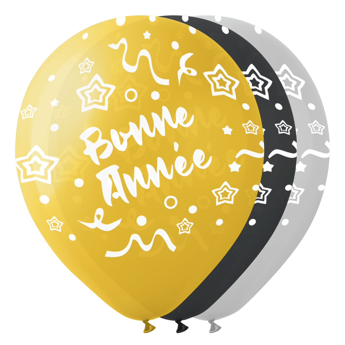 BK LATEX General Birthday Pearl "Bonne Année" Latex Balloons, Gold, Silver and Black, 12 Inches, 15 Count 840482502094