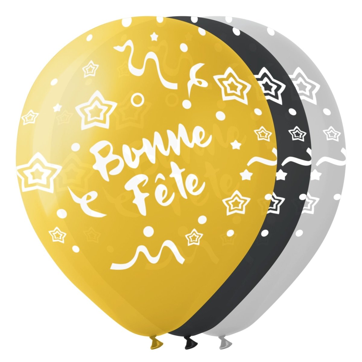 BK LATEX General Birthday Pearl "Bonne Fête" Latex Balloons, Gold, Silver and Black, 12 Inches, 15 Count 840482502391