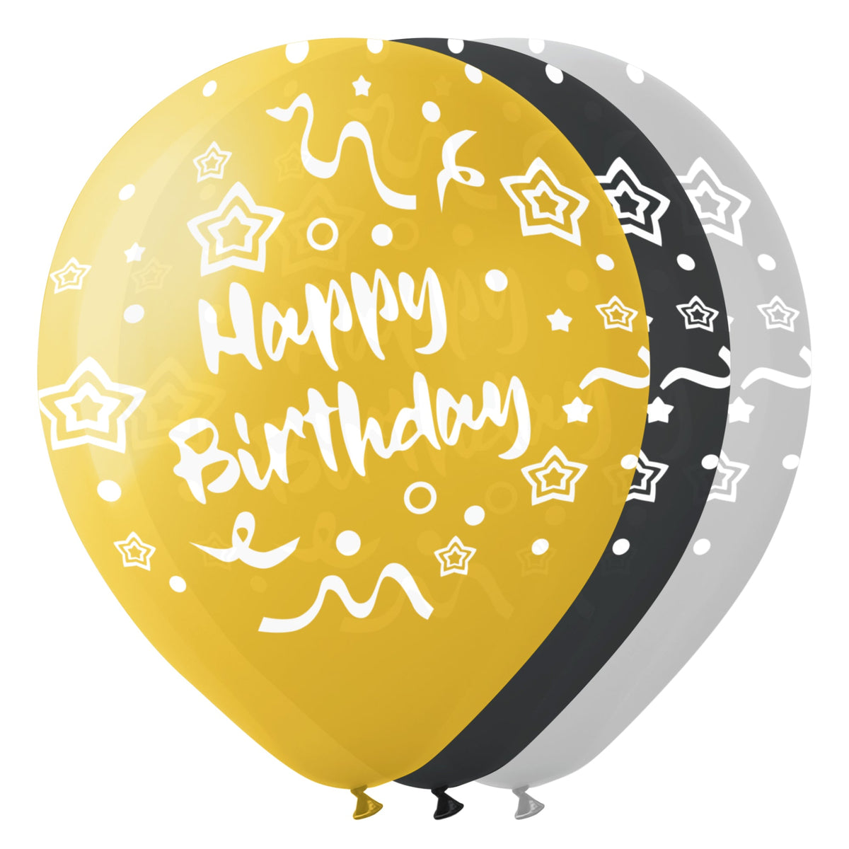 BK LATEX General Birthday Pearl Happy Birthday Latex Balloons, Gold, Silver and Black, 12 Inches, 15 Count 840482502087