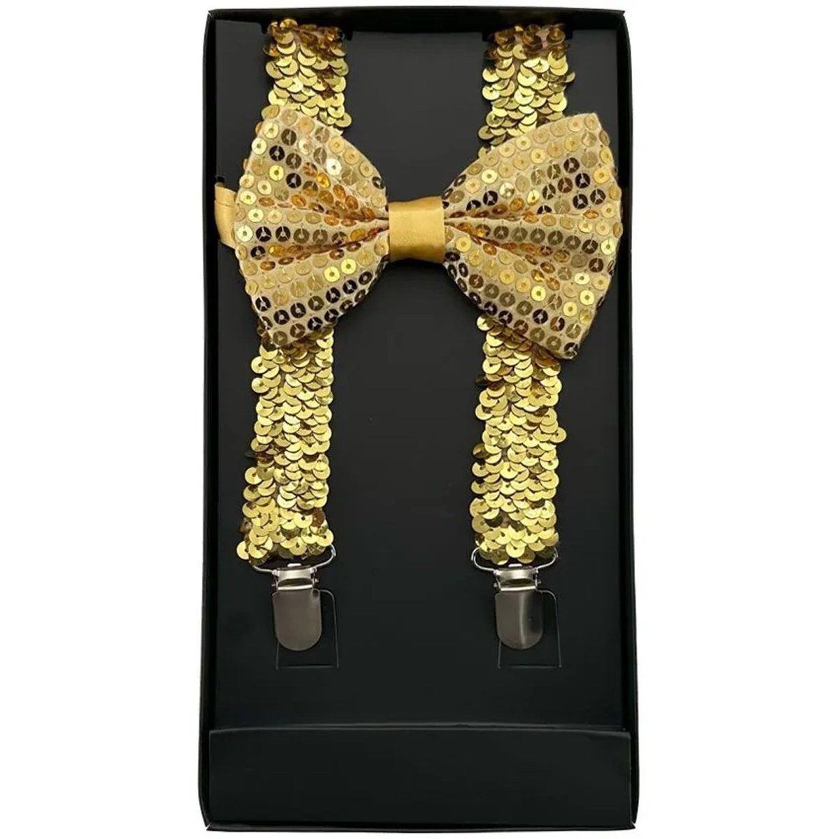 BUY4STORE Costume Accessories Gold Sequin Suspenders with Bowtie for Adults 840482507853