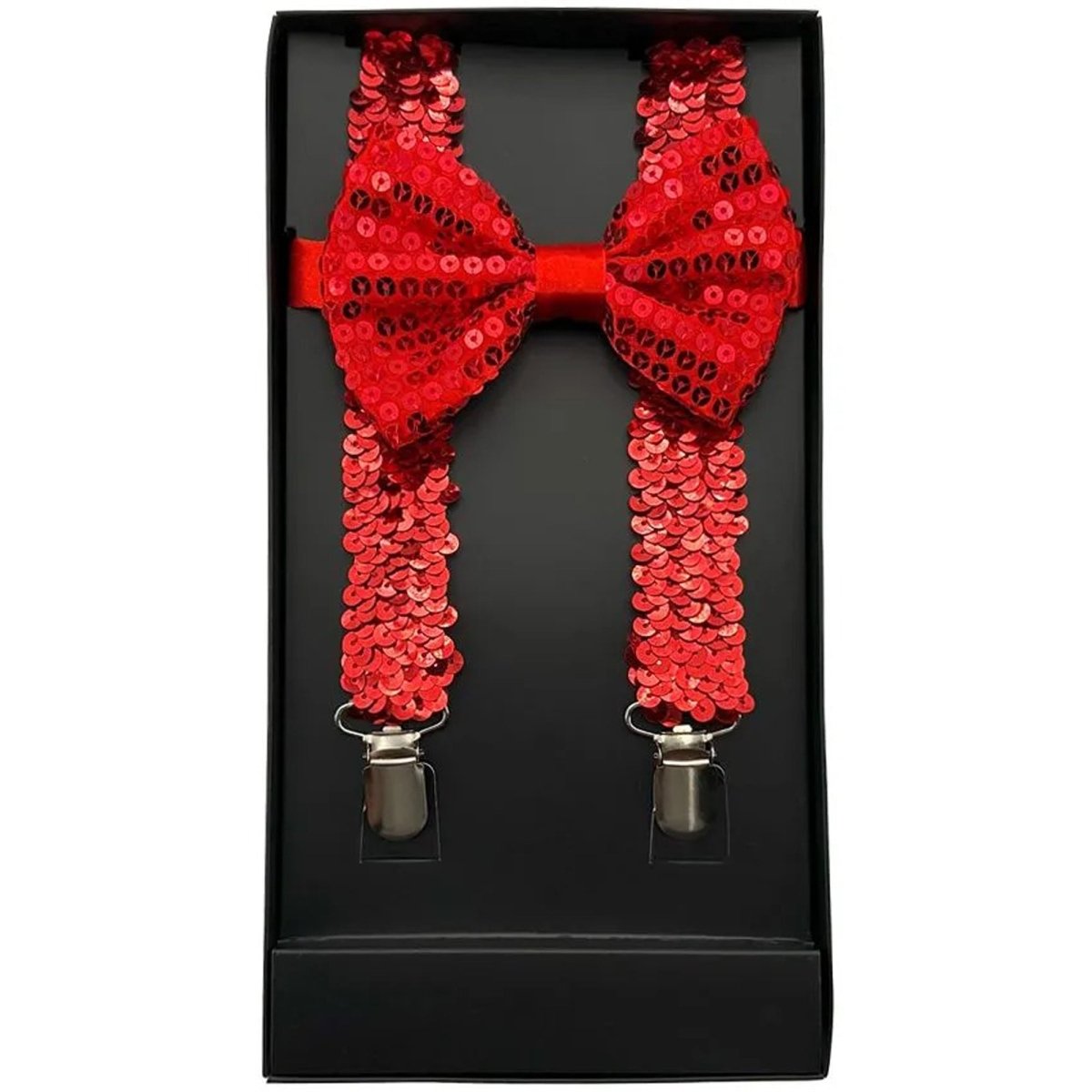 BUY4STORE Costume Accessories Red Sequin Suspenders with Bowtie for Adults