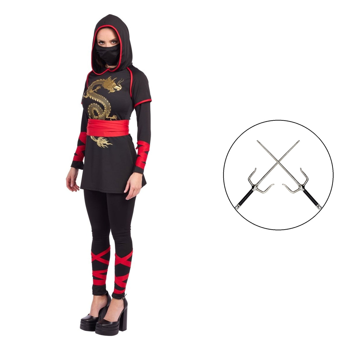 Red Suspender Rodeo Night Ninja Costume Kit for Adults, Black, Red and Gold | Party Expert