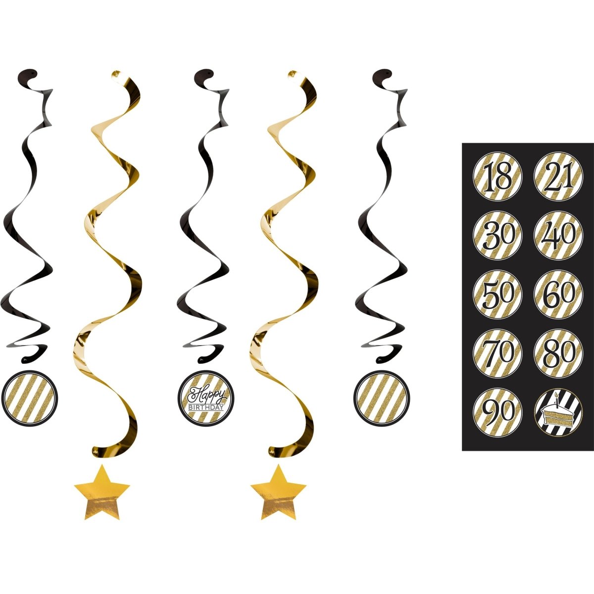 CREATIVE CONVERTING Age Specific Birthday Black and Gold Happy Birthday Swirl Decoration Custom Set, 1 Count 039938340698