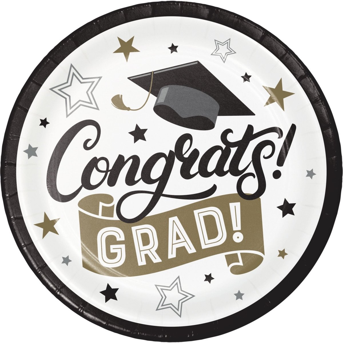 Grad Glamor Large Round Lunch Paper Plates, 9 Inches | Party Expert