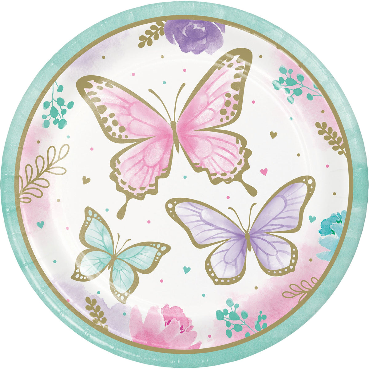CREATIVE CONVERTING Kids Birthday Butterfly Shimmer Birthday Large Round Lunch Paper Plates, 9 Inches, 8 Count 039938845612