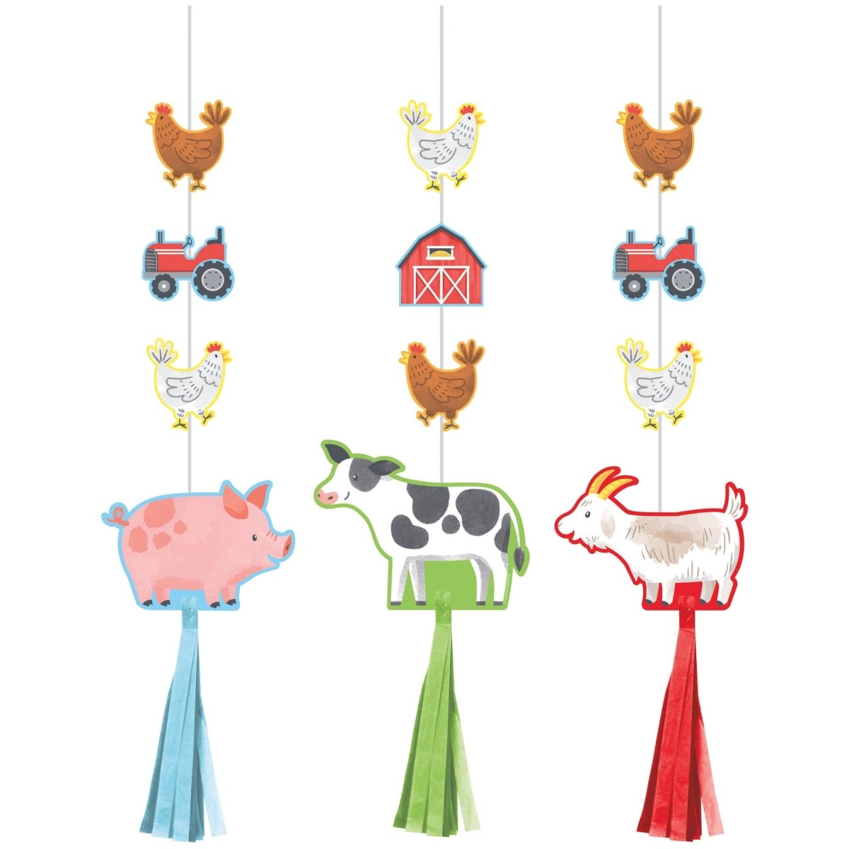 CREATIVE CONVERTING Kids Birthday Farm Animals Birthday Hanging Cutouts with Tassels, 3 Count 039938981822