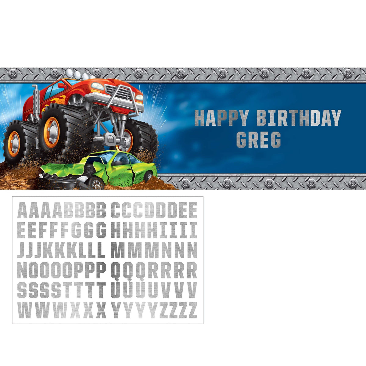 CREATIVE CONVERTING Kids Birthday Monster Truck Rally Birthday Giant Customizable Banner with Stickers, 1 Count 039938621117