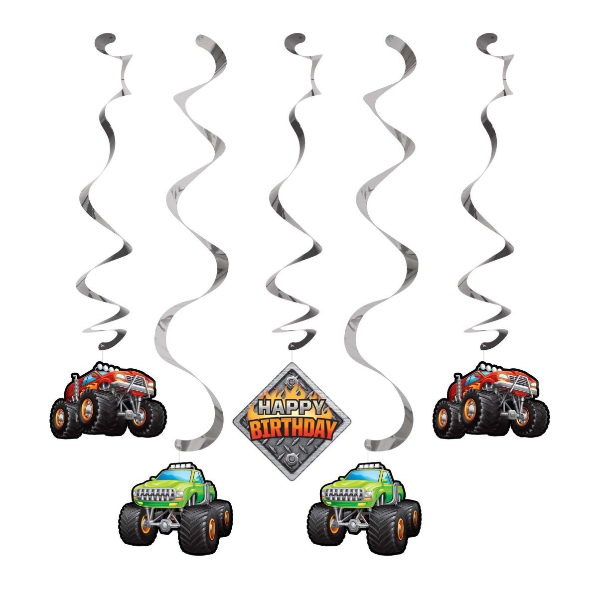 CREATIVE CONVERTING Kids Birthday Monster Truck Rally Birthday Spiral Decoration Kit, 5 Count 039938621018