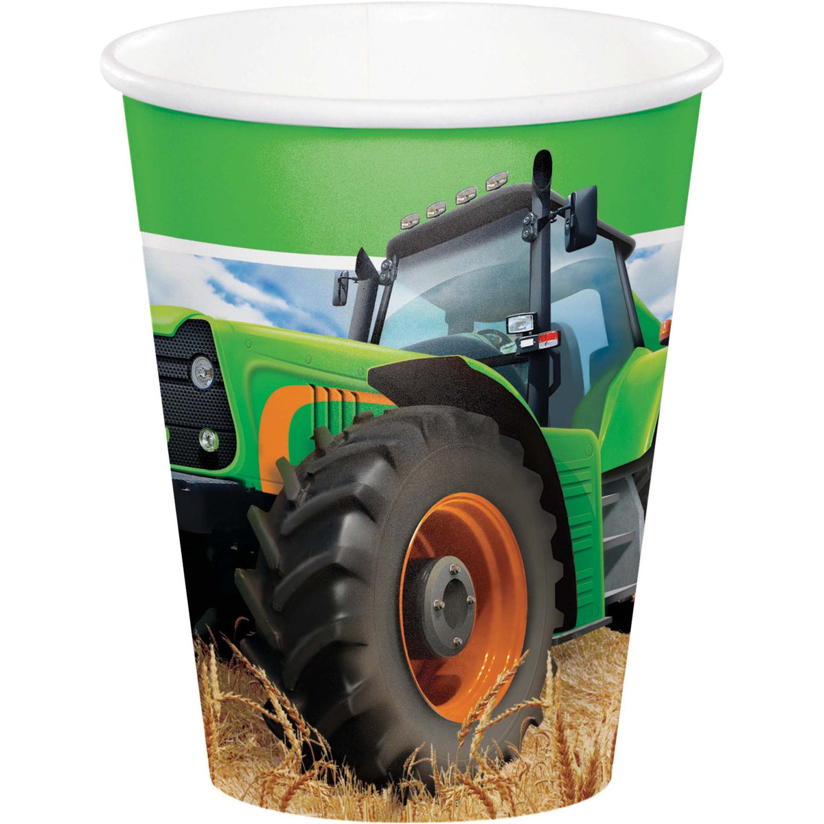 CREATIVE CONVERTING Kids Birthday Tractor Time Birthday Party Paper Cups, 9 Oz, 8 Count