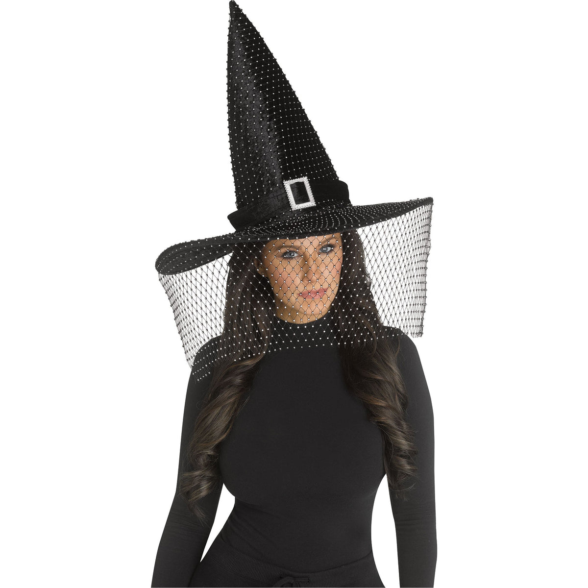 FUN WORLD Costume Accessories Black Bling Witch Hat with Buckle Veil for Adults 071765151191