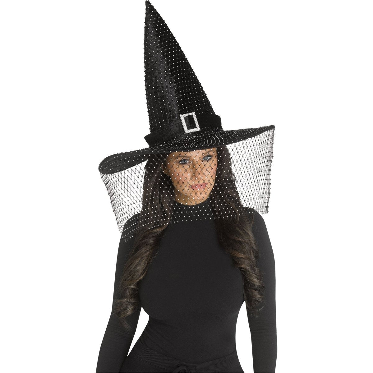 FUN WORLD Costume Accessories Black Bling Witch Hat with Buckle Veil for Adults 071765151191