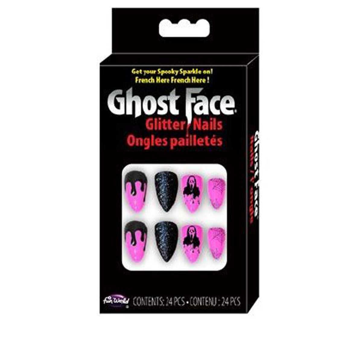 FUN WORLD Costume Accessories Ghost Face Pink Glitter Press-On Nails, Scream, 24 Count 023168329806