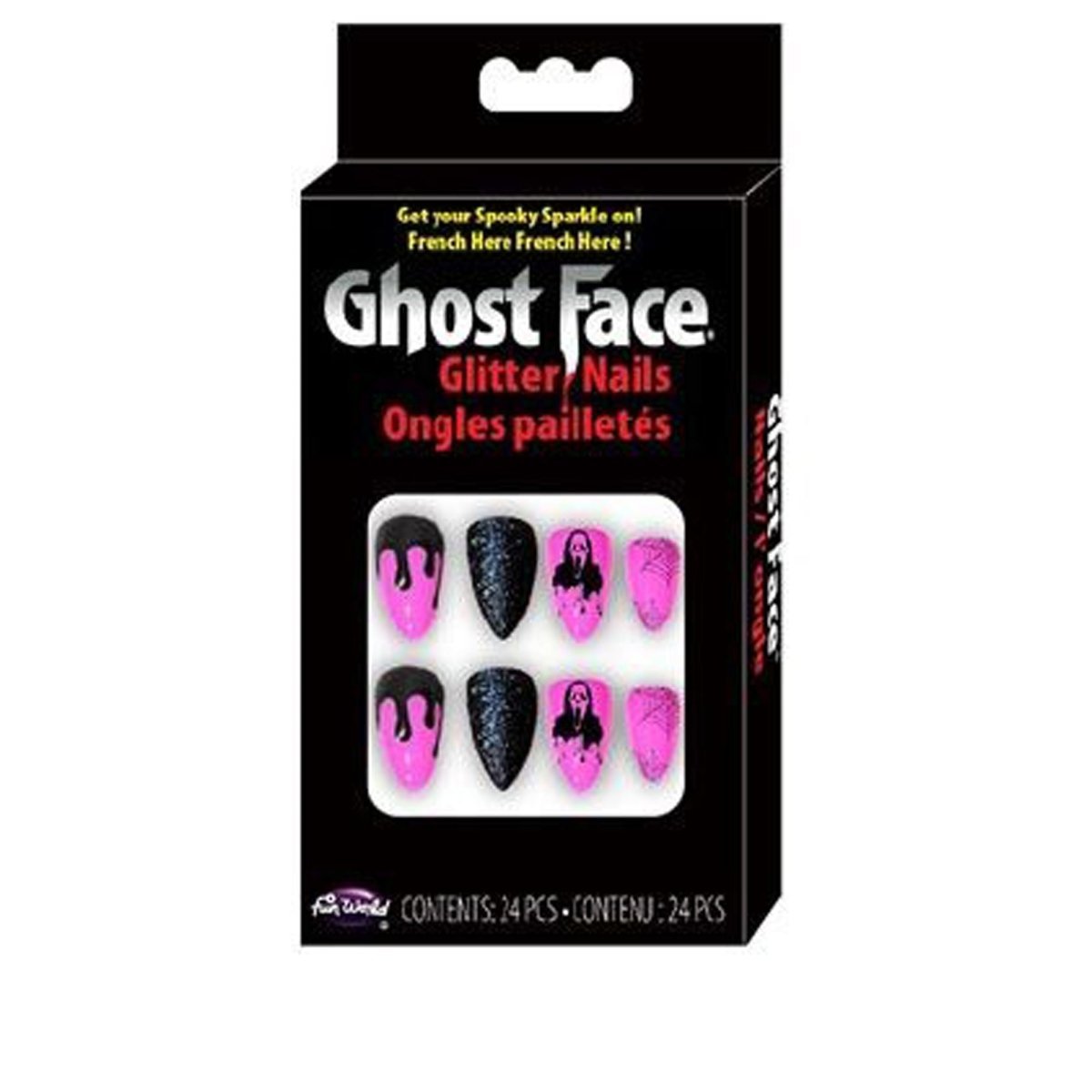 FUN WORLD Costume Accessories Ghost Face Pink Glitter Press-On Nails, Scream, 24 Count 023168329806
