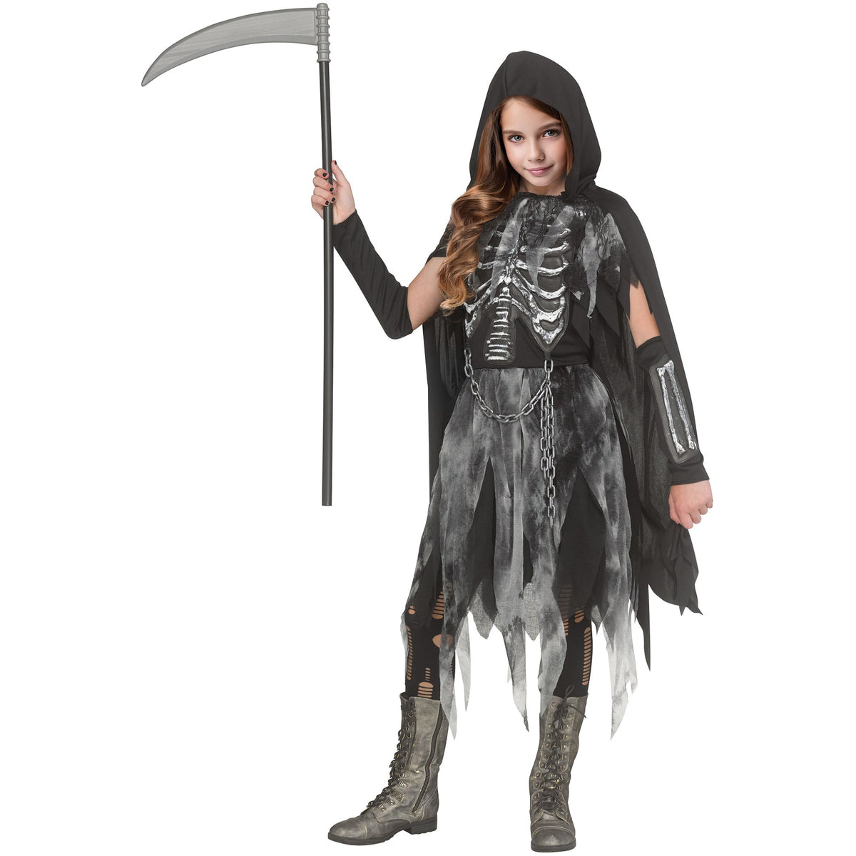 FUN WORLD Costumes Bone Reaper Costume for Kids, Black Hooded Cape and Dress