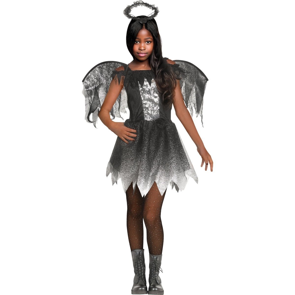 FUN WORLD Costumes Dark Sparkle Angel Costume for Kids, Black Dress, Halo and Wings