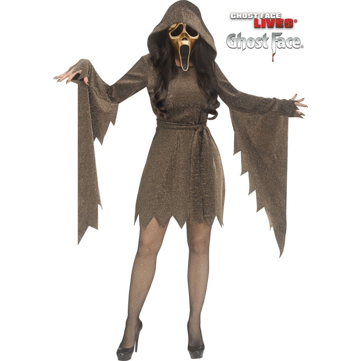 FUN WORLD Costumes Shimmer Gold Ghost Face Costume for Adults, Gold Dress with Belt and Mask