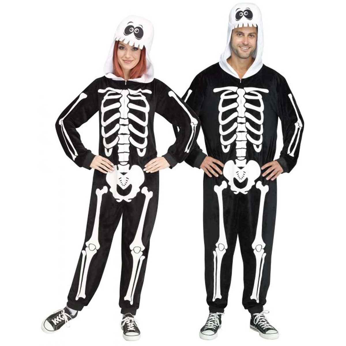FUN WORLD Costumes Skeleton Squad Zipster Costume for Adults, Black and White Hooded Jumpsuit