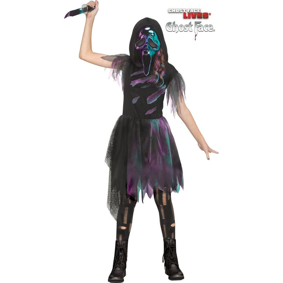 FUN WORLD Costumes Two-Tone Chrome Ghost Face Costume for Kids, Scream, Hooded Dress with Mask