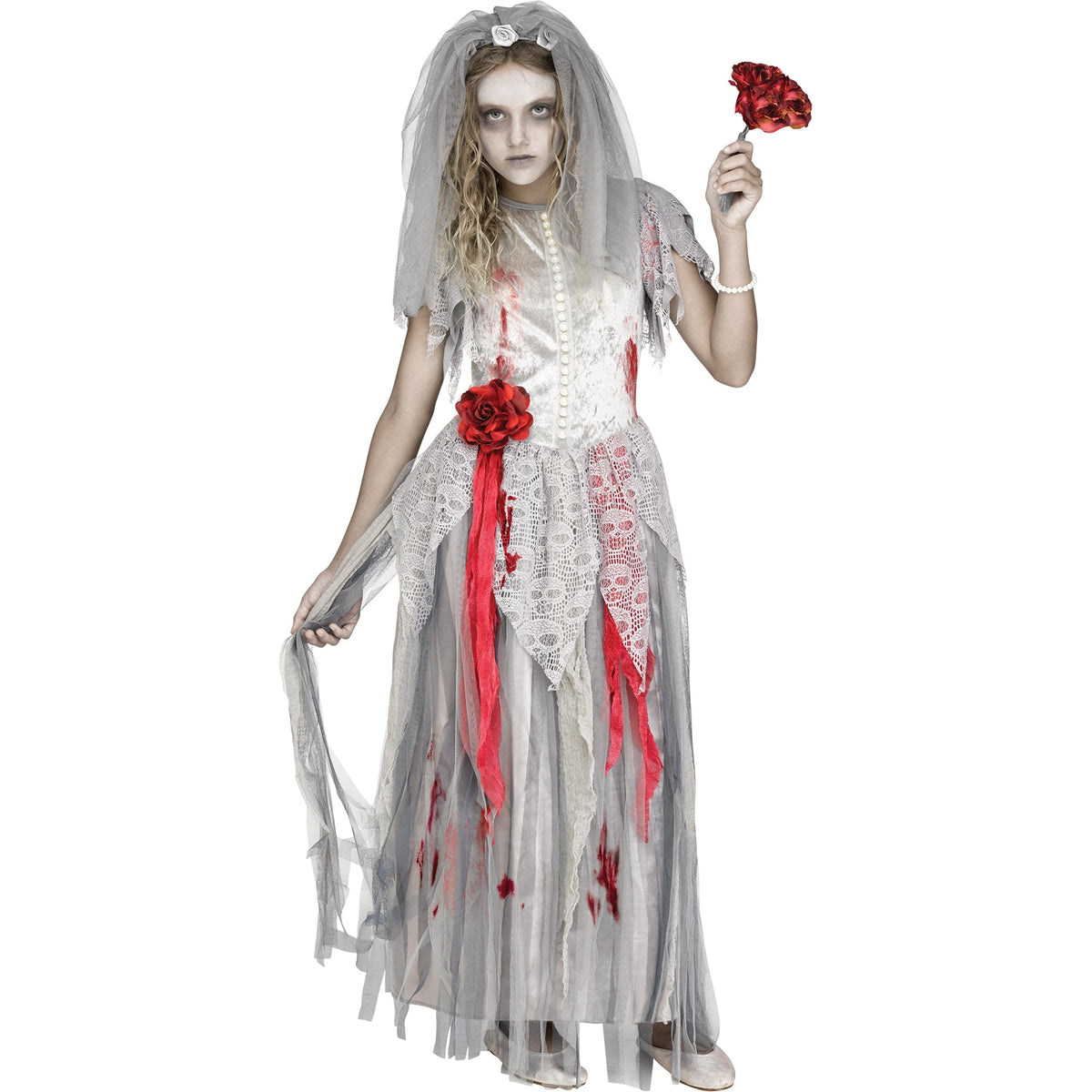 FUN WORLD Costumes Zombie Bride Costume for Kids, Grey Gown and Veil