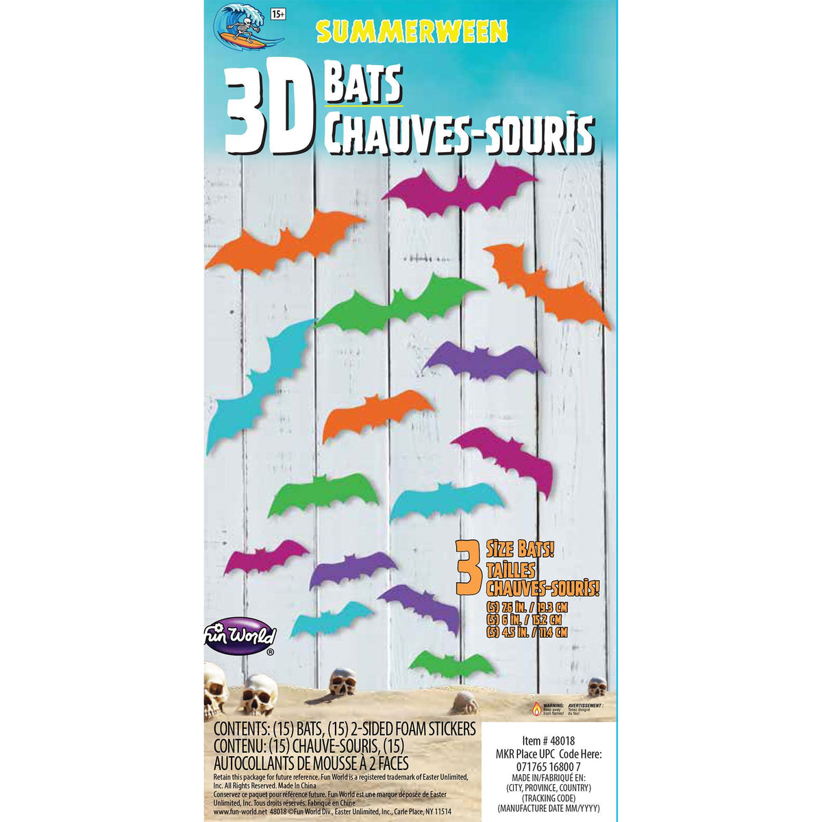 FUN WORLD Theme Party Summerween Rainbow 3D Bats, 15 Count 071765168007
