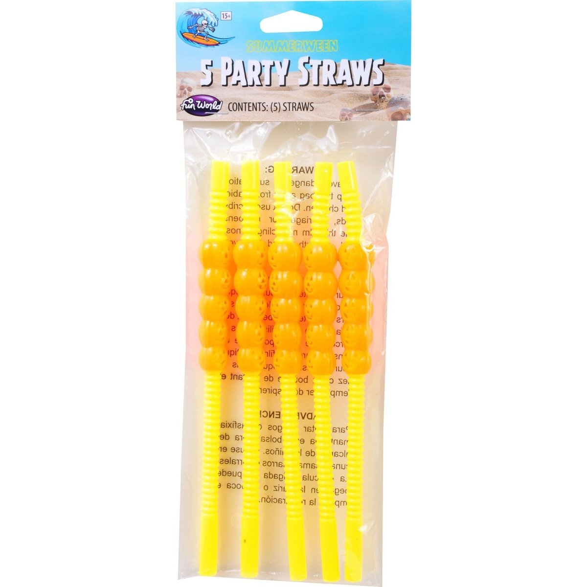 FUN WORLD Theme Party Summerween Yellow Skeleton and Pumpkin Straws, 5 Count 071765168410