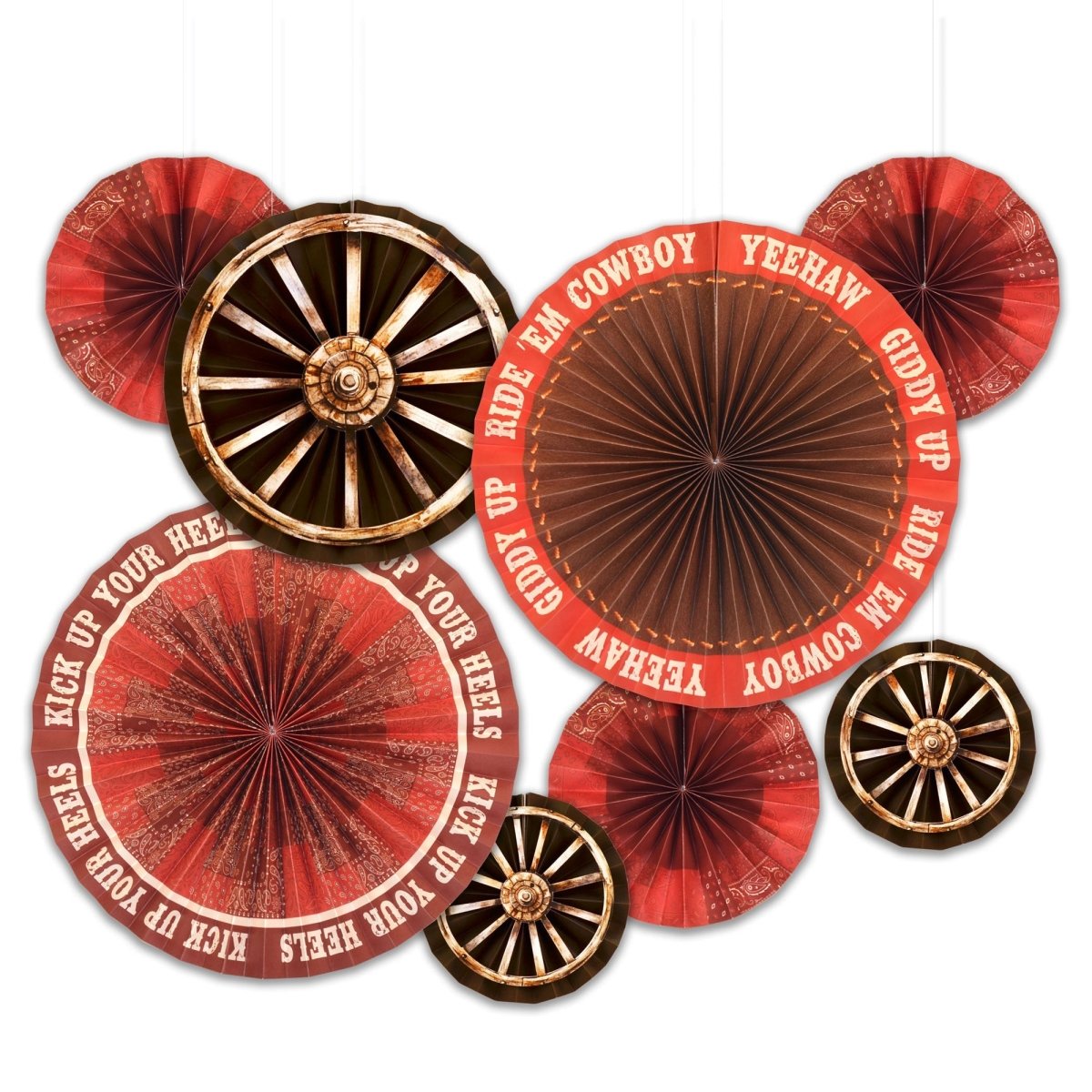 GLOCO ACCENTS INC Theme Party Western Yee Haw Paper Fan Decoration Kit, 8 Count 885093011795