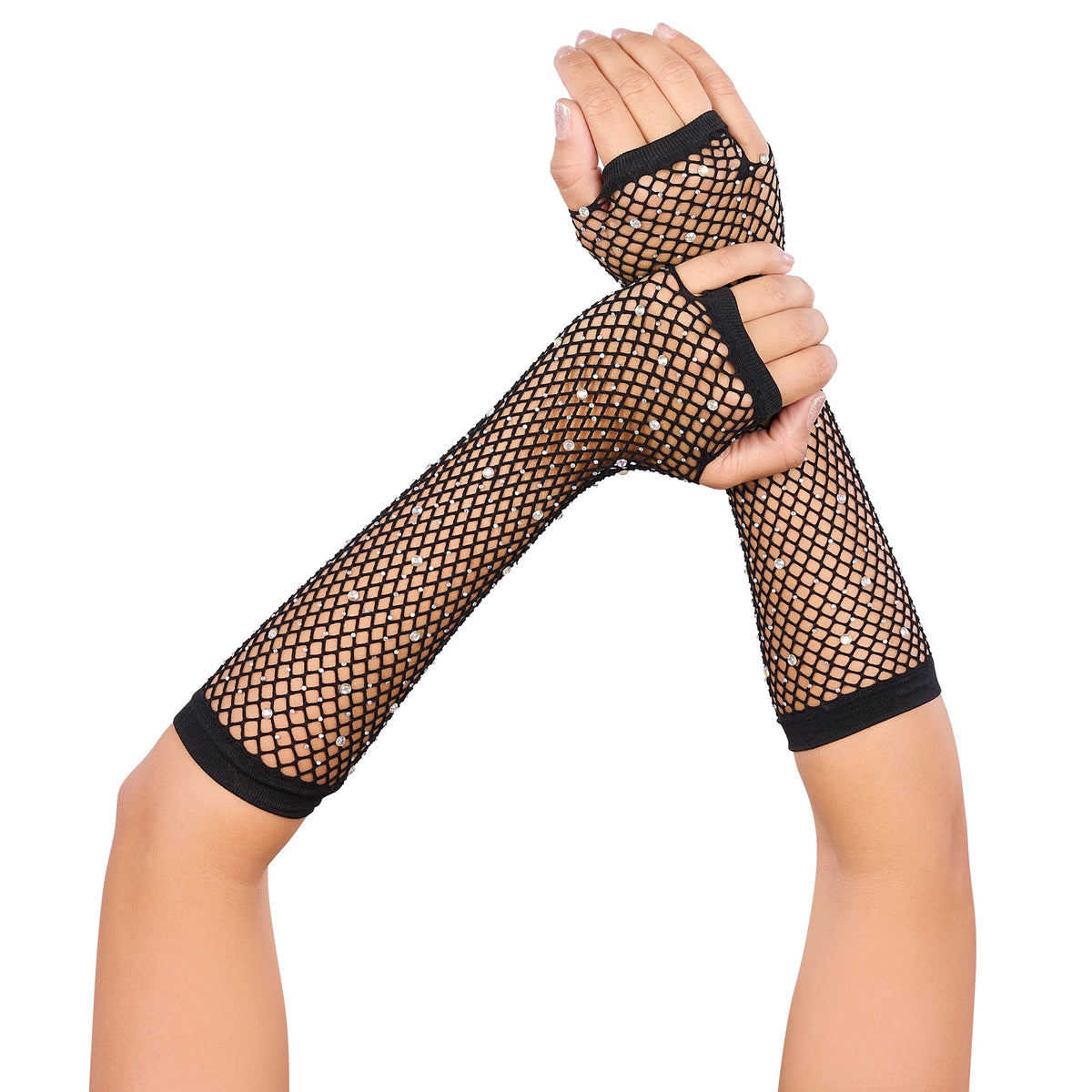 GONG ZHENMING Costume Accessories Black Fingerless Fishnet Gloves with Rhinestones for Adults 840482506610