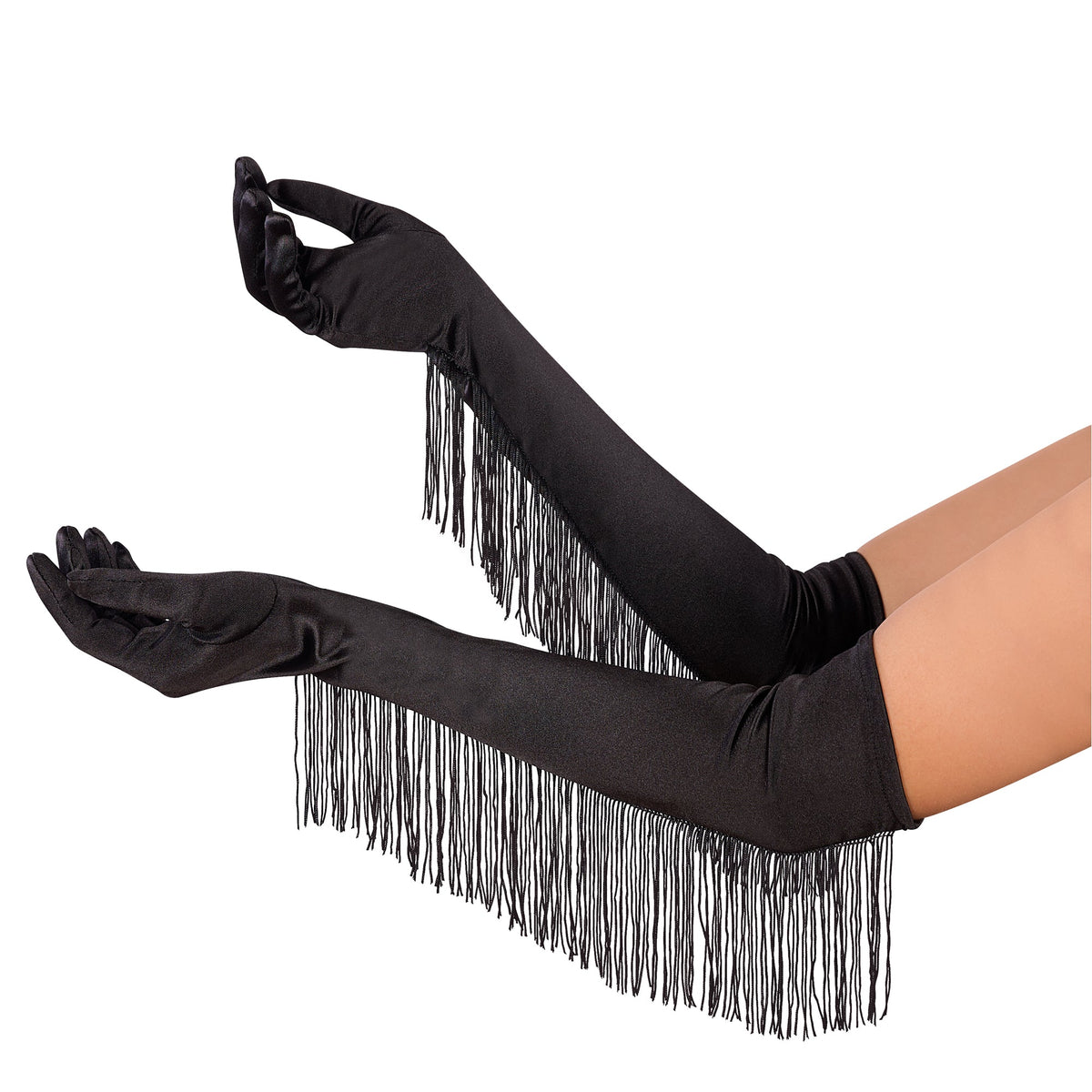GONG ZHENMING Costume Accessories Black Long Satin Gloves with Fringes for Adults 840482506481