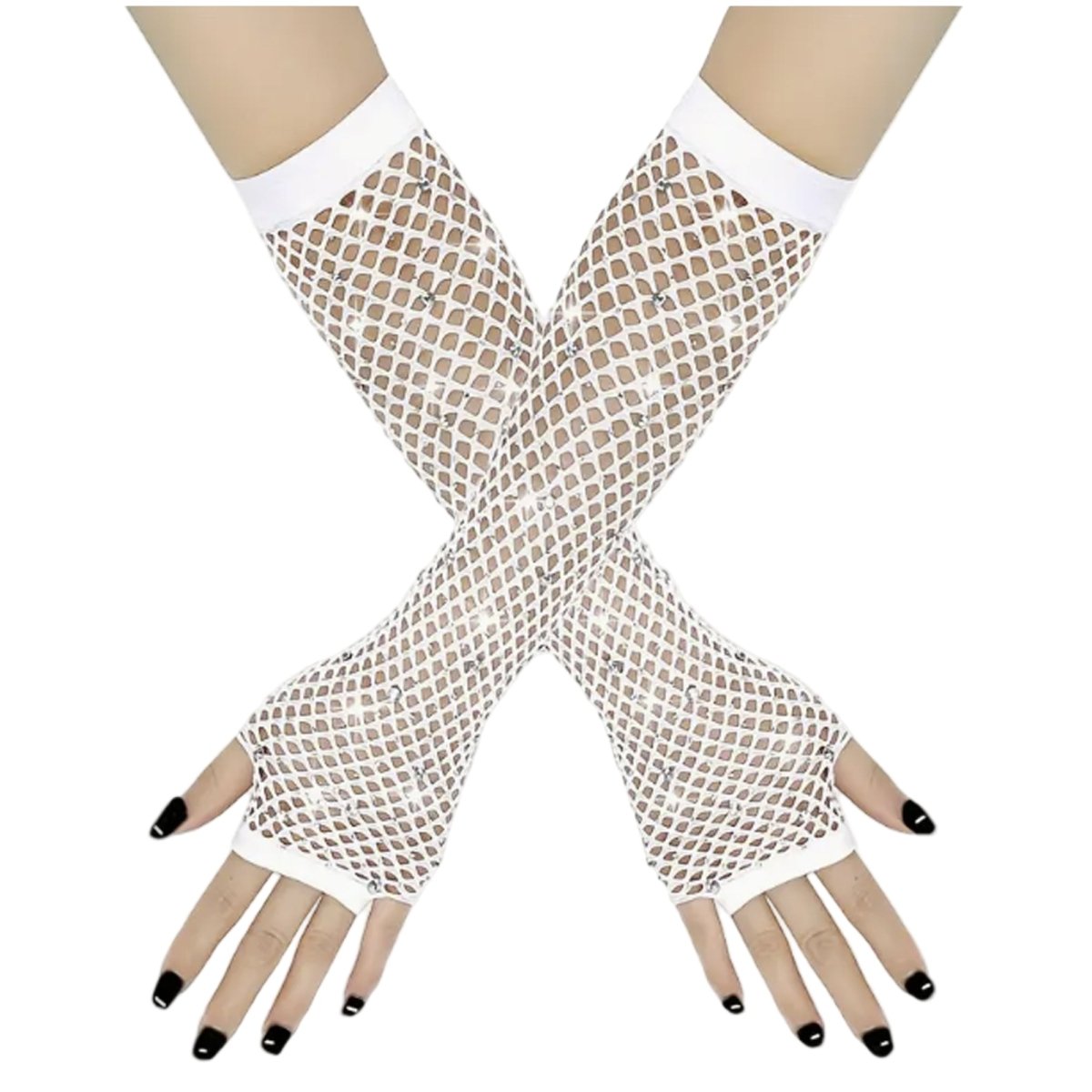 GONG ZHENMING Costume Accessories White Fingerless Fishnet Gloves with Rhinestones for Adults 840482506627
