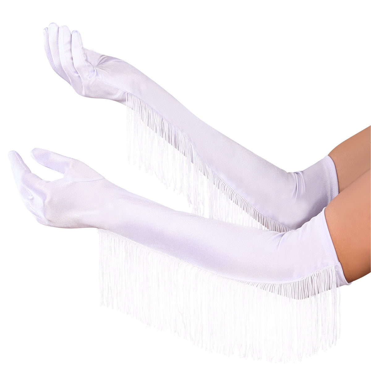 GONG ZHENMING Costume Accessories White Long Satin Gloves with Fringes for Adults 840482506498
