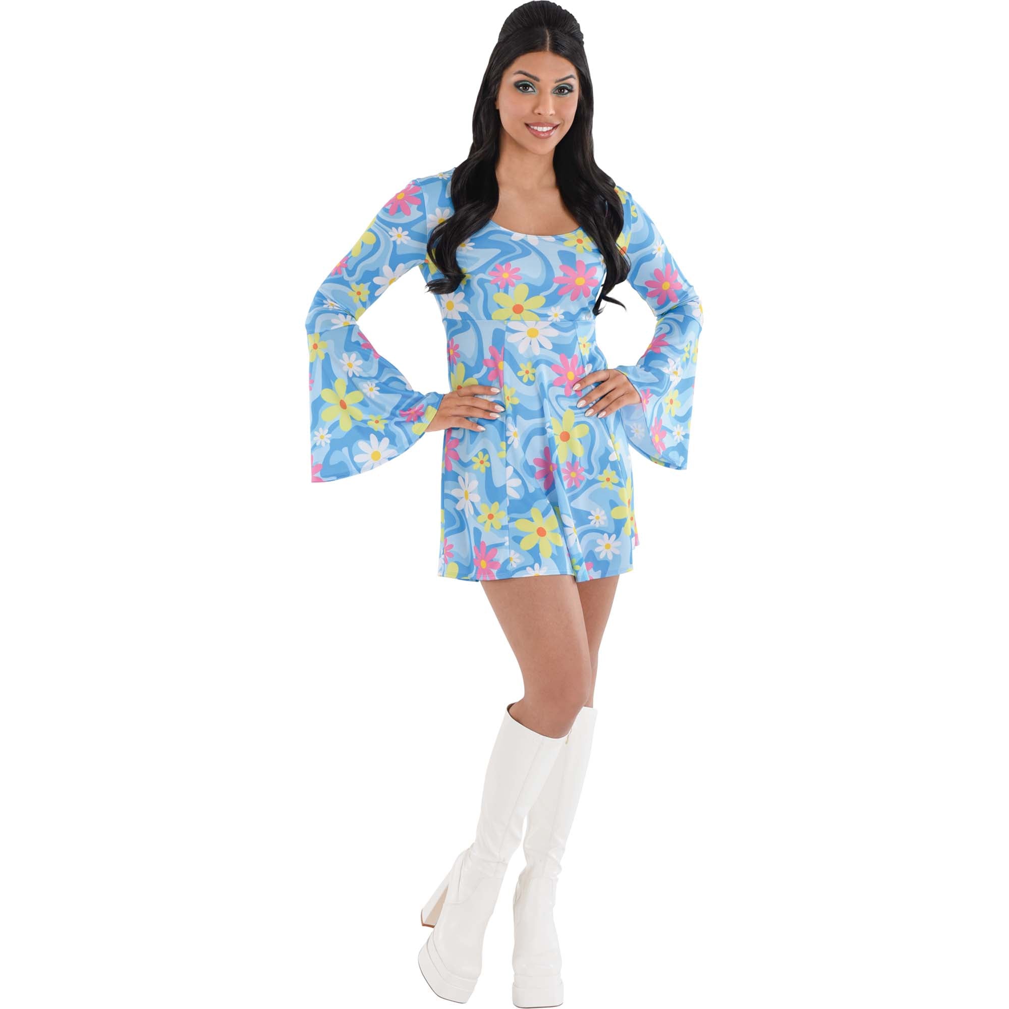 60s Hippie Mini Dress for Adults, Blue Floral Dress | Party Expert