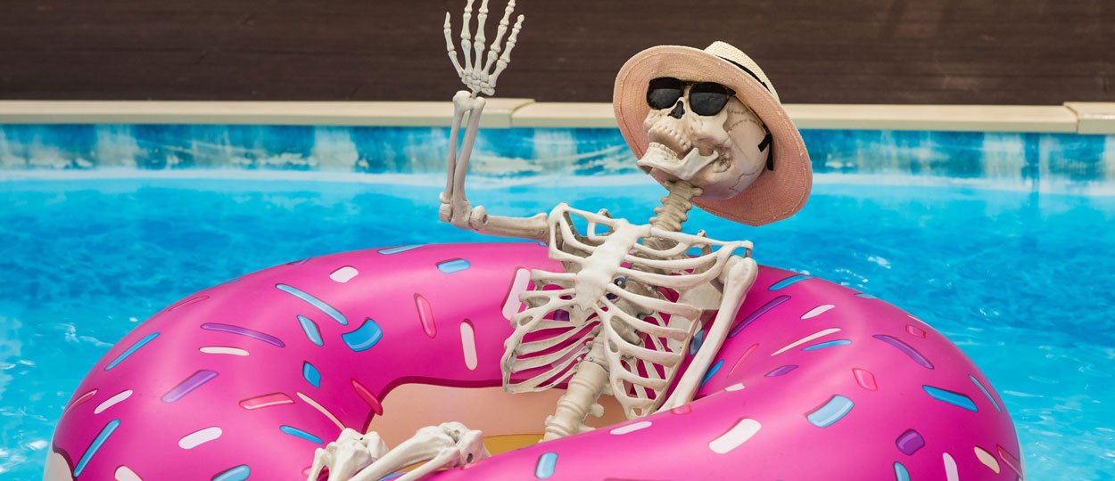 Halloween FUN Starts Here! Skeleton on a pool float