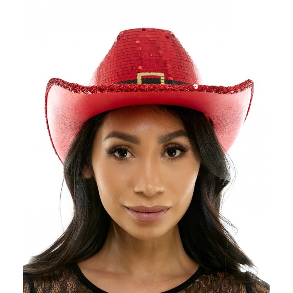 KBW GLOBAL CORP Christmas Red Mirror Santa Cowboy Hat for Adults 831687062407