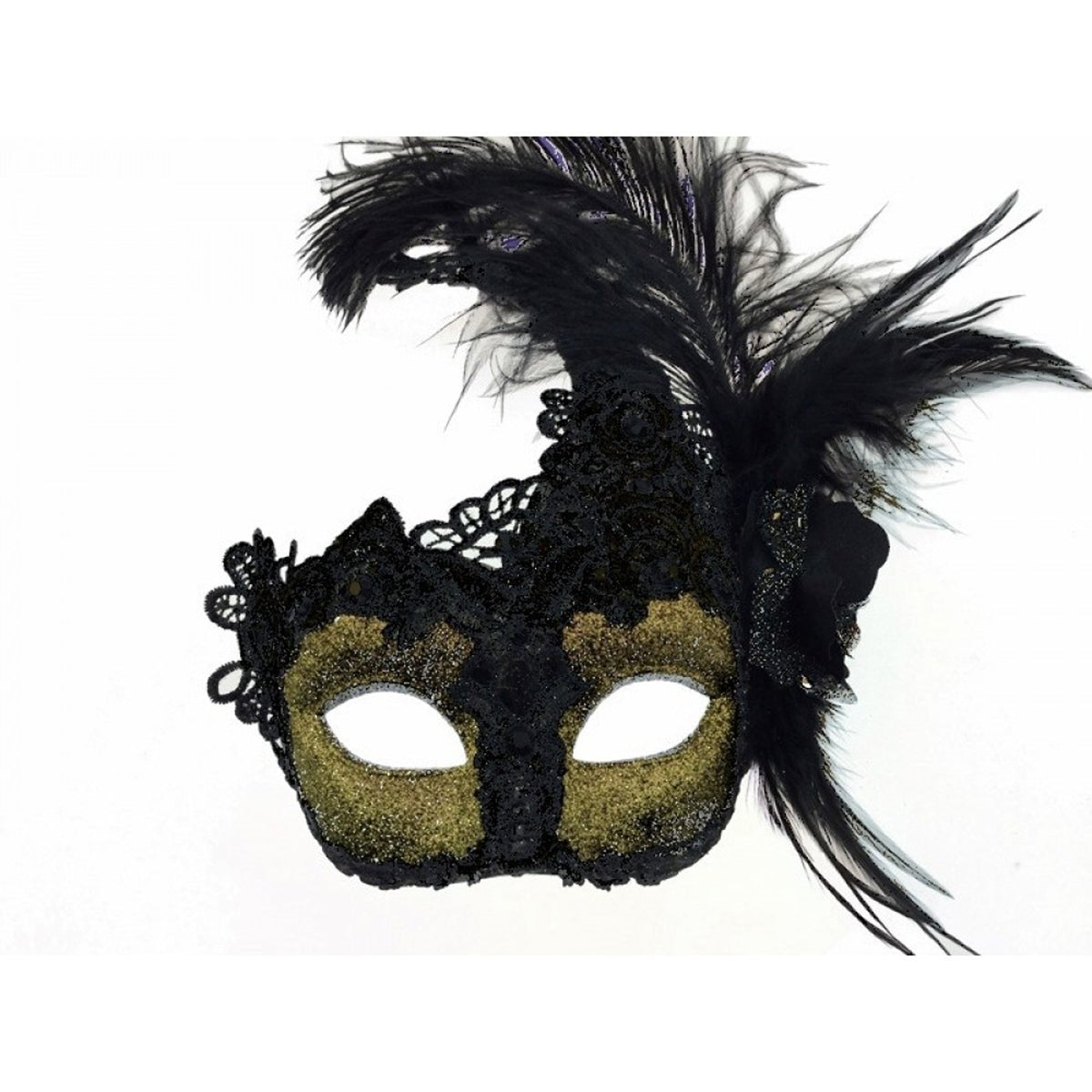KBW GLOBAL CORP Costume Accessories Black and Gold Sequin Venetian Mask with Side Feather, 1 Count 831687018589