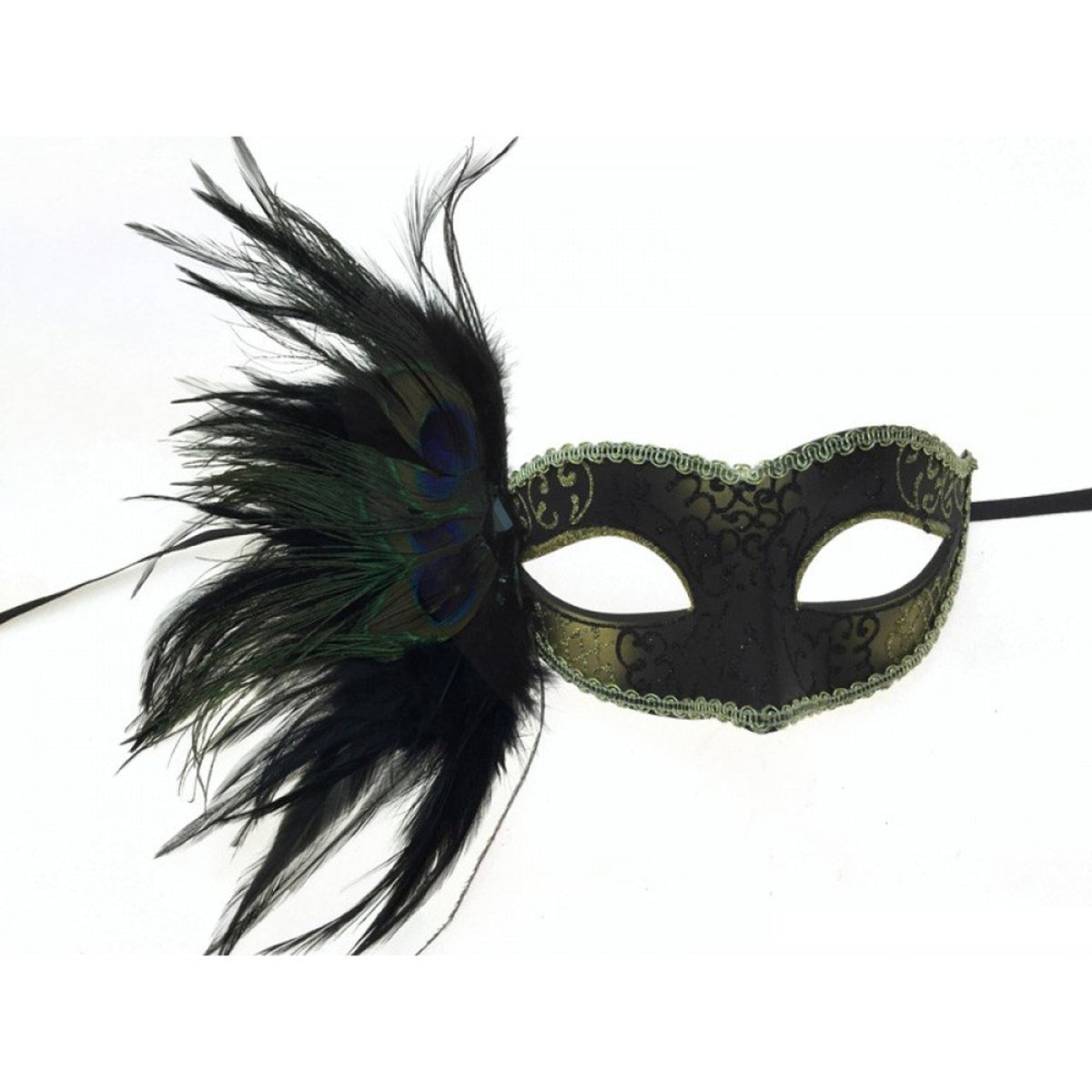 KBW GLOBAL CORP Costume Accessories Black and Gold Venetian Mask with Side Feather, 1 Count 831687017162