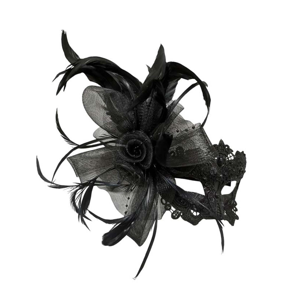 KBW GLOBAL CORP Costume Accessories Black Venetian Mask with Feather and Flower, 1 Count 831687063831