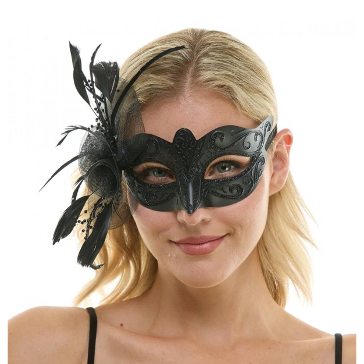 KBW GLOBAL CORP Costume Accessories Black Venetian Mask with Side Feathers, 1 Count 831687064197