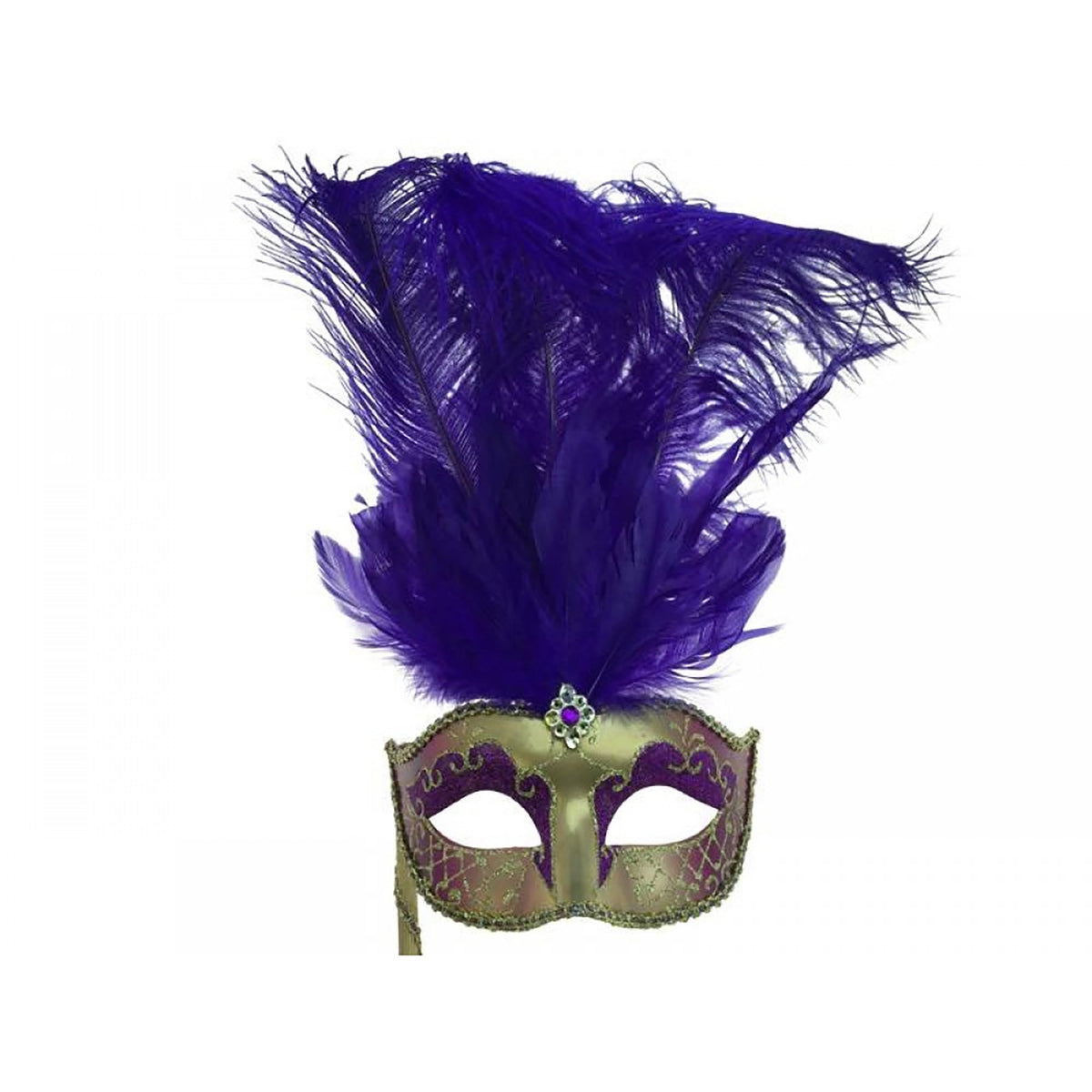 KBW GLOBAL CORP Costume Accessories Gold and Purple Venetian Mask with Ostrich Feathers and Stick, 1 Count 831687011276