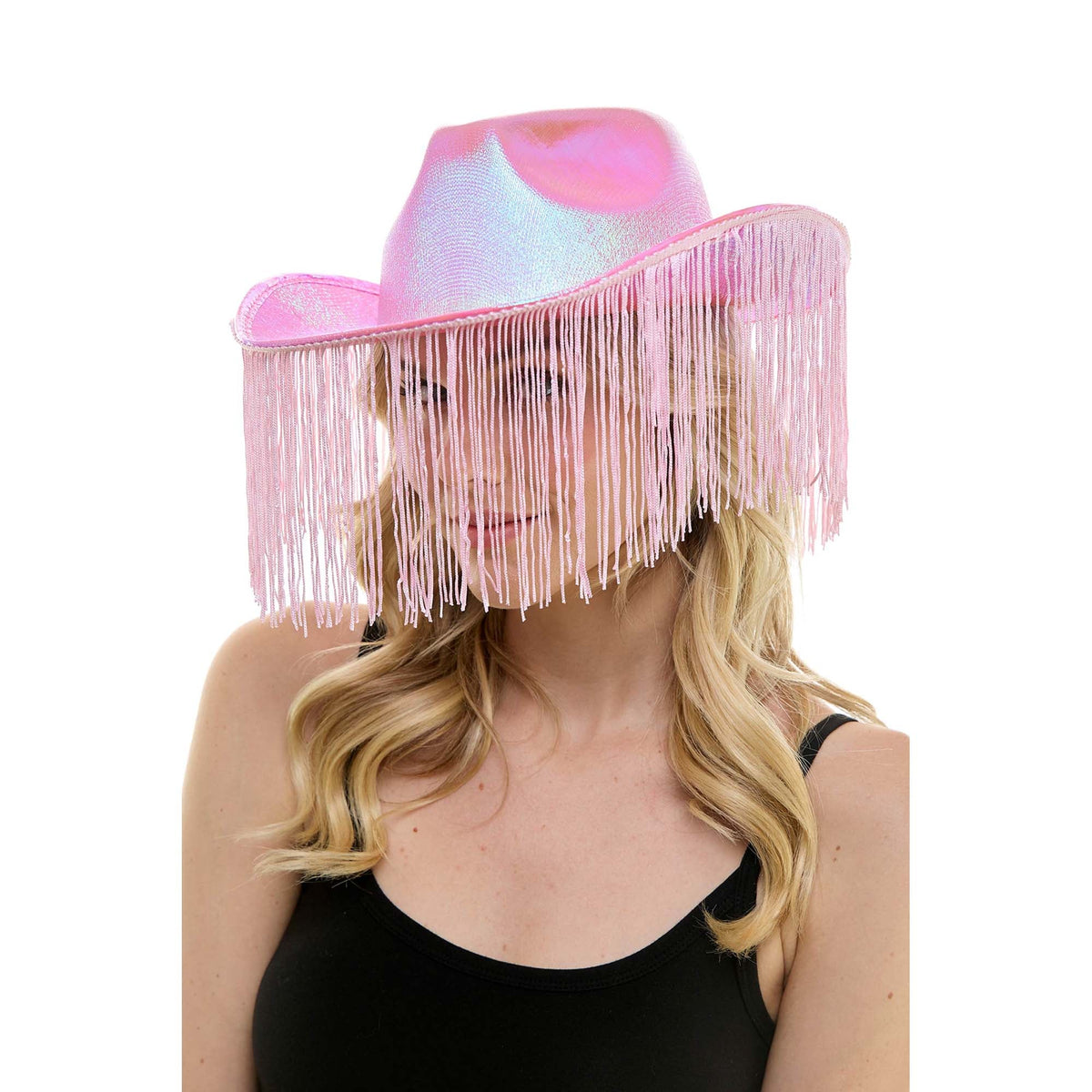 KBW GLOBAL CORP Costume Accessories Iridescent Pink Cowboy Hat with Fringe for Adults 831687065361