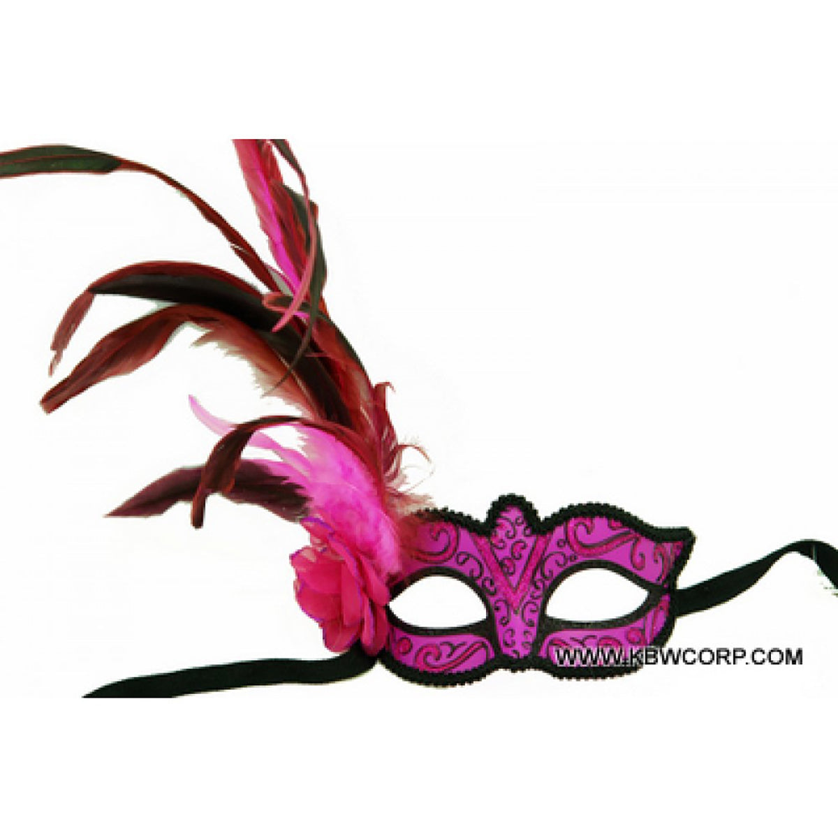 KBW GLOBAL CORP Costume Accessories Pink Flower Venetian Mask with Feather, 1 Count 831687017209