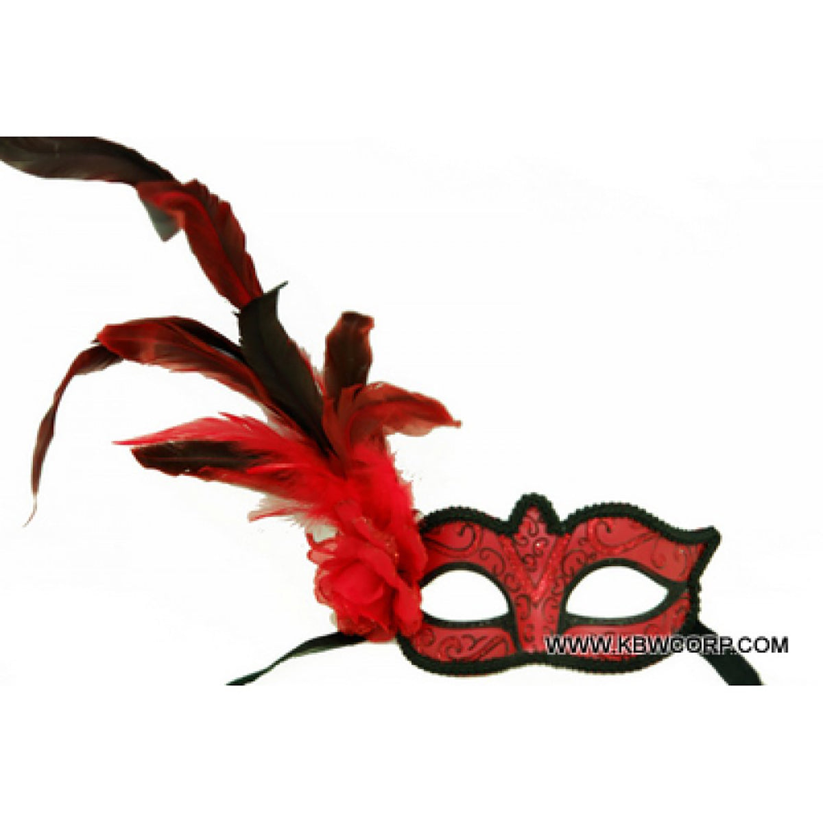 KBW GLOBAL CORP Costume Accessories Red Flower Venetian Mask with Feather, 1 Count 831687005411