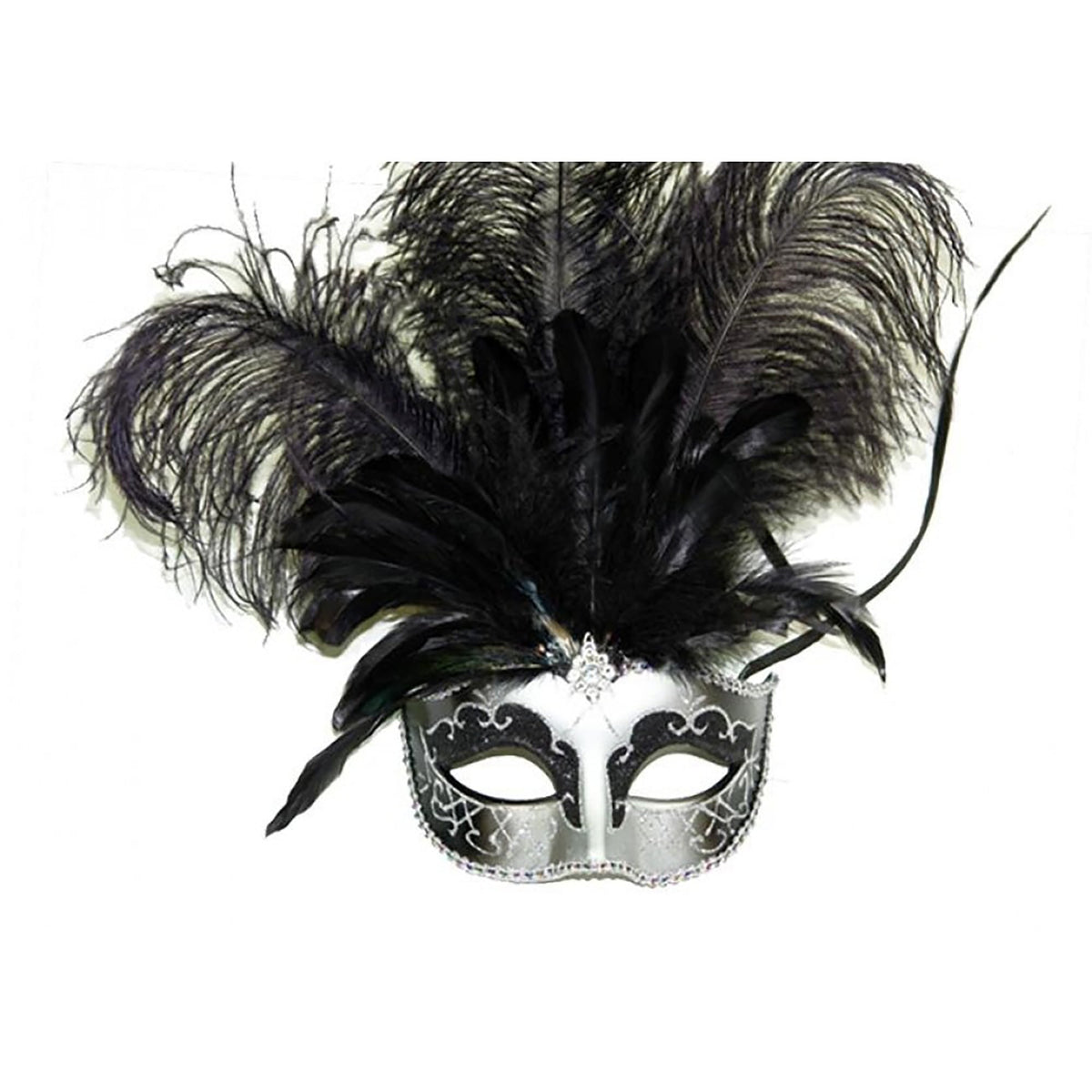 KBW GLOBAL CORP Costume Accessories Silver and Black Venetian Mask with Ostrich Feathers, 1 Count 831687011412