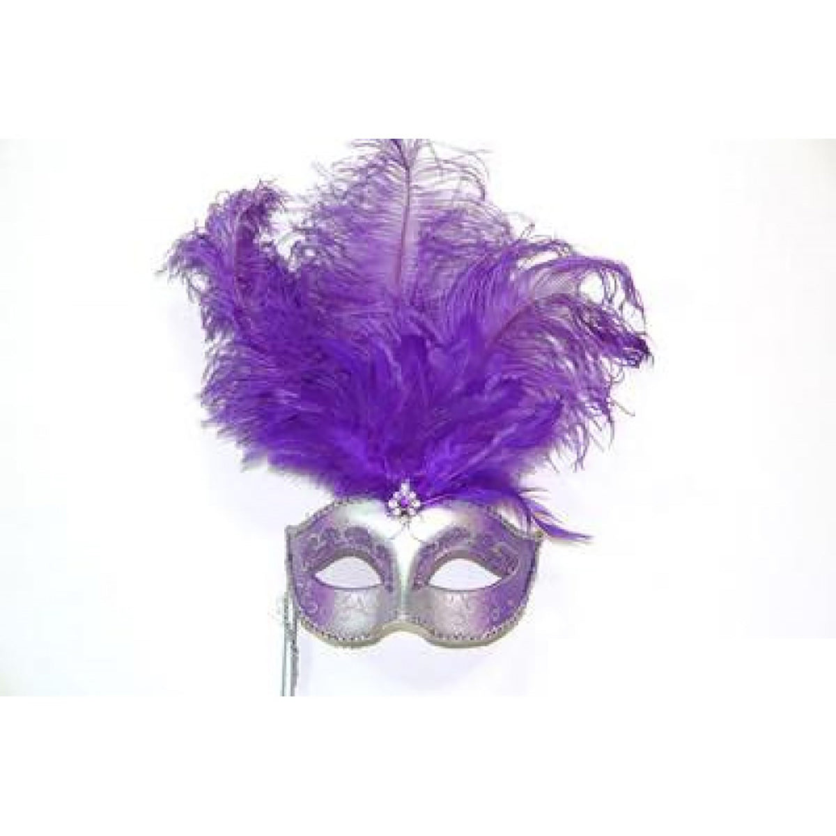KBW GLOBAL CORP Costume Accessories Silver and Purple Venetian Mask with Ostrich Feathers and Stick, 1 Count