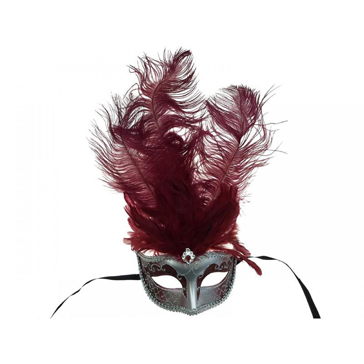 KBW GLOBAL CORP Costume Accessories Silver Venitian Mask With Burgundy Feather, 1 Count 831687061516