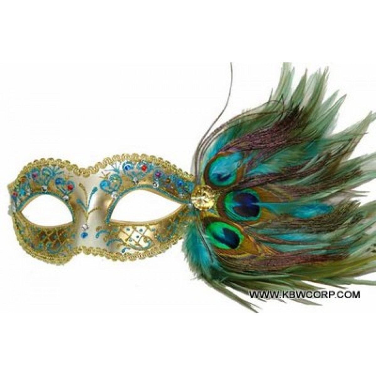 KBW GLOBAL CORP Costume Accessories Teal Venetian Mask with Side Feather, 1 Count 831687017278