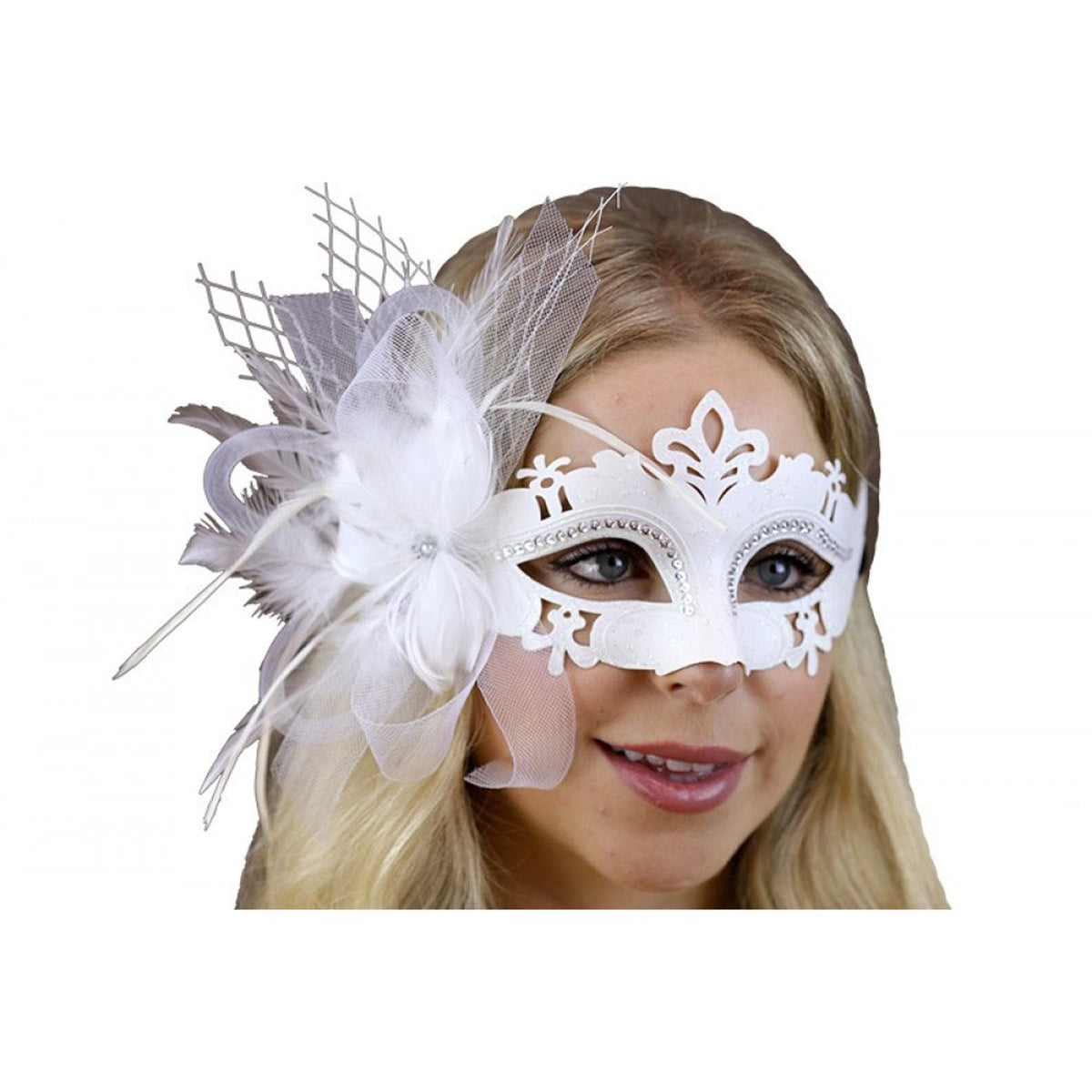 KBW GLOBAL CORP Costume Accessories White and Silver Venetian Mask with Side Feathers, 1 Count 831687021749