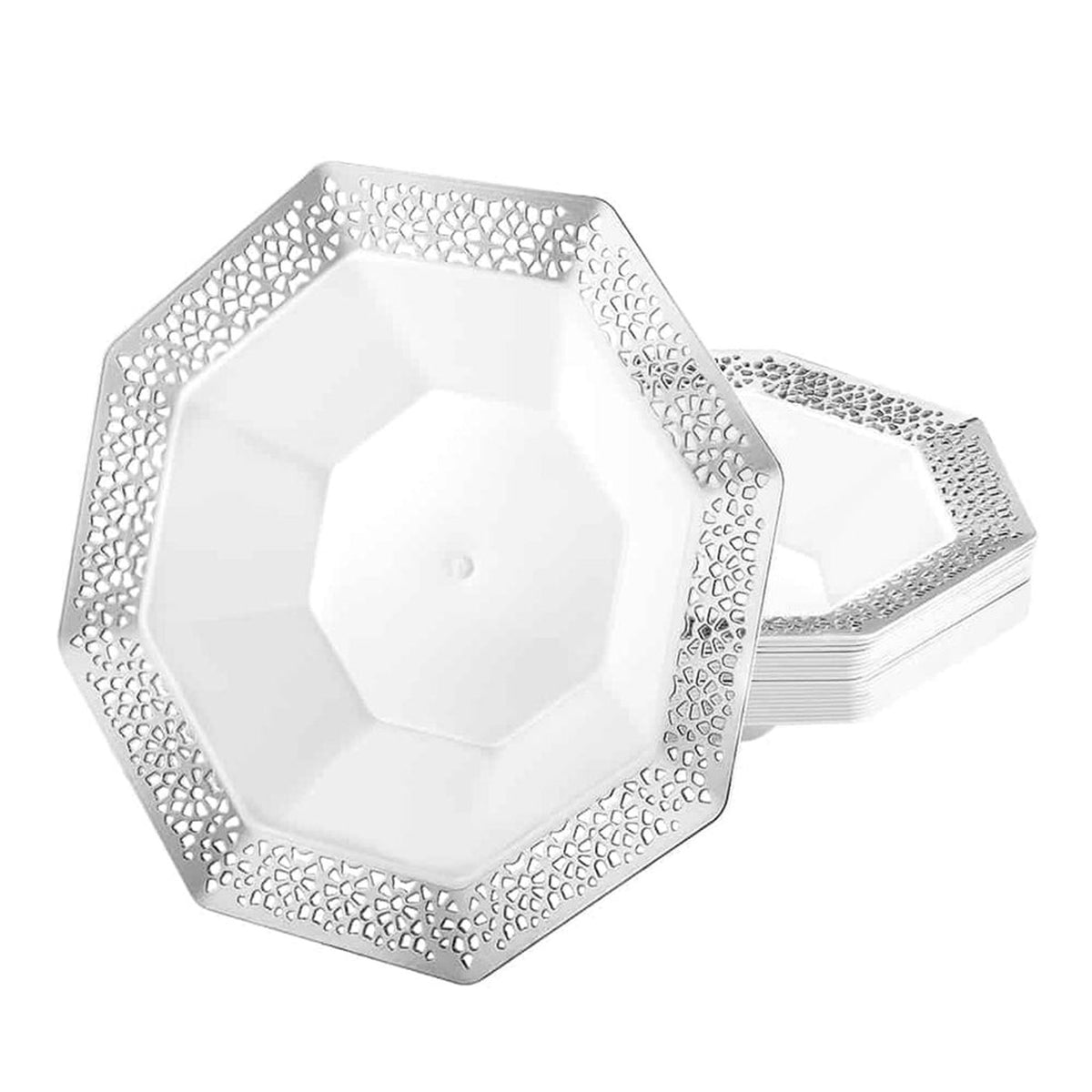 KINGZAK INDUSTRIES INC Disposable-Plasticware Silver Octagon Shaped Plastic Bowls, 14 Oz, 10 Count 763615341844