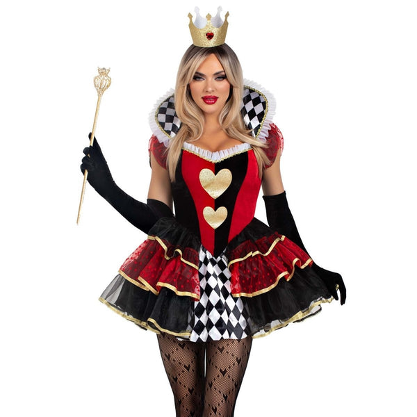 Costume De Reine Adulte 4 Pièces - Cape Noire Et Rouge à Cœur, Couronne, Boucles D'oreilles Pour Halloween, Carnaval, Cosplay