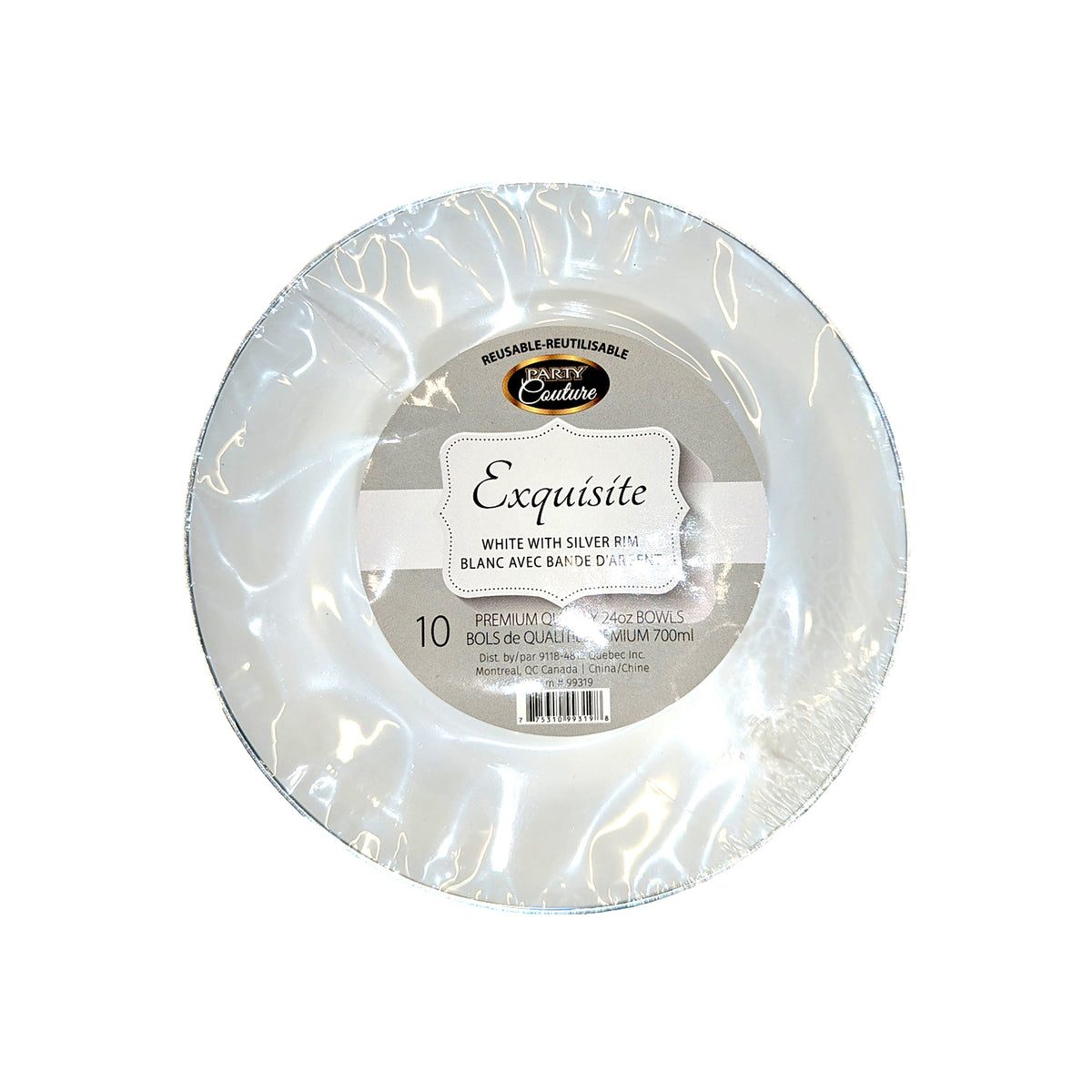 MADISON IMPORTS Disposable-Plasticware White Premium Quality Salad Bowl with Silver Rim, 24 Oz, 10 Count 775310993198