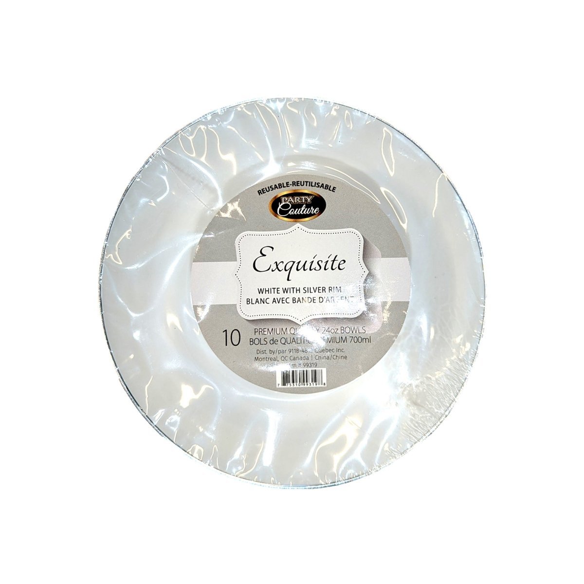 MADISON IMPORTS Disposable-Plasticware White Premium Quality Salad Bowl with Silver Rim, 24 Oz, 10 Count 775310993198